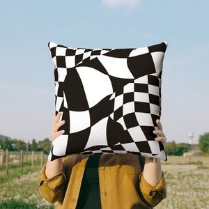 Funky Checkerboard Throw Pillow Cover | Danish Pastel Cushion 20x20 | Y2K Aesthetic Room Decor 18x18 16x16 in Black White