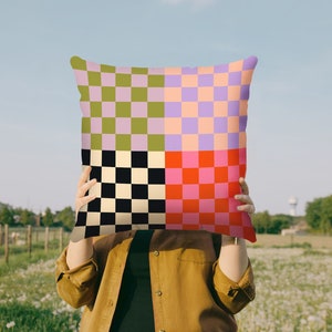 Danish Pastel Checkerboard Throw Pillow Case |  Purple Pink Aesthetic Y2K Room Decor | Colorful Indie Alternative Pillows 18x18 20x20 16x16