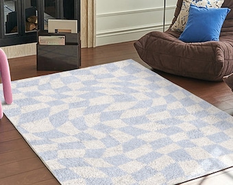 Funky Checkerboard Carpet in Pastel Blue | Danish Pastel Decor Rug | Bedroom Living Room Rug Modern Y2K Rug | Plush Trendy Carpet