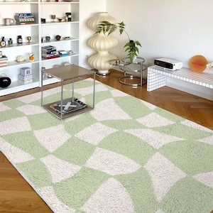 Sage Green Checkered Carpet | Funky Danish Pastel Decor Rug | Bedroom Living Room Rug Modern Y2K Rug | Plush Trendy Accent Rug | Earth Tone