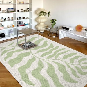 Sage Green Matisse Leaf Carpet | Funky Retro Danish Pastel Decor Rug | Bedroom Living Room Rug Modern Y2K Rug | Plush Trendy Accent Rug