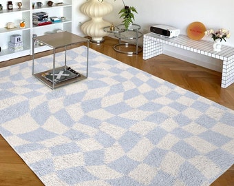 Funky Checkerboard Teppich in Pastellblau | Dänischer Pastell Dekor Teppich | Schlafzimmer Wohnzimmer Teppich Moderner Y2K Teppich | Plüsch Trendiger Teppich