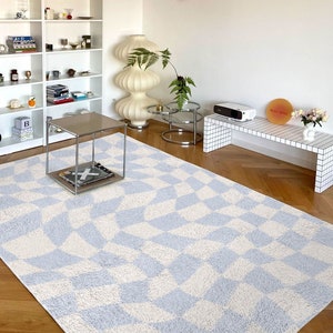 Funky Checkerboard Carpet in Pastel Blue | Danish Pastel Decor Rug | Bedroom Living Room Rug Modern Y2K Rug | Plush Trendy Carpet