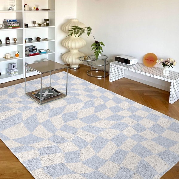Funky Checkerboard Teppich in Pastellblau | Dänischer Pastell Dekor Teppich | Schlafzimmer Wohnzimmer Teppich Moderner Y2K Teppich | Plüsch Trendiger Teppich