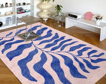 Blauw roze Matisse bladtapijt | Funky retro Deens pastel decor vloerkleed | Slaapkamer Woonkamer Tapijt Modern Y2K Tapijt | Pluche trendy accentdeken