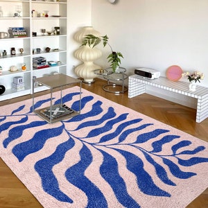 Blue Pink Matisse Leaf Carpet | Funky Retro Danish Pastel Decor Rug | Bedroom Living Room Rug Modern Y2K Rug | Plush Trendy Accent Rug