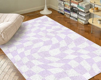 Lilac Checkered Carpet | Funky Purple Danish Pastel Decor Rug | Bedroom Living Room Rug Modern Y2K Rug | Plush Trendy Purple Accent Rug