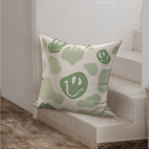 Sage Green Smile Cow Print Pillow Cover | Danish Pastel Pillow Case 18x18 | Y2K Aesthetic Cushion 20x20 16x16 | VSCO Funky Room Decor