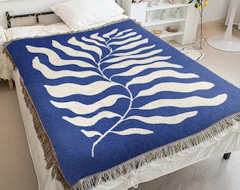 Blue Matisse Leaf Throw Blanket | Earth Tone Funky Tapestry Woven Blanket | Fringe Sofa Blankets | Picnic Blanket Throw