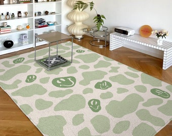 Sage Green Smile Cow Print Rug | Funky Danish Pastel Decor Carpet | Bedroom Living Room Rug Modern Y2K Rug | Plush Trendy Accent Rug