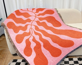 Jeté de plage à feuilles de Matisse, orange et rose | Décoration minimaliste moderne | Couverture d'extérieur Funky Tapestry | Jeté de voyage pour pique-nique avec franges