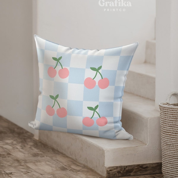 Cherry Checker Funky Housse d’oreiller | Taie d’oreiller pastel danoise 18x18 | Coussin esthétique Y2K 20x20 16x16 | VSCO Décoration de la chambre