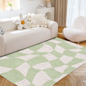 Sage Green Checkered Carpet | Funky Danish Pastel Decor Rug | Bedroom Living Room Rug Modern Y2K Rug | Plush Trendy Accent Rug | Earth Tone