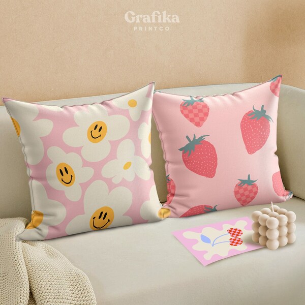 Retro Funky Pink Pillow Cover Set of 2 | Danish Pastel Cushion 20x20 | Aesthetic Room Decor | Strawberry Smiley Flower Pillow 18x18 16x16