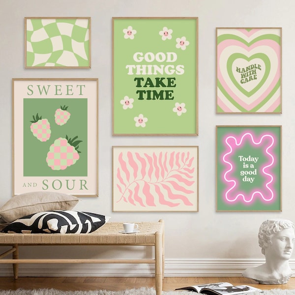 Danish Pastel Pink Green Poster Set | Pinterest Prints | Aesthetic Bedroom Decor | Matisse Flower Checkerboard Funky | Postive Vibes