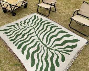 Sage Green Matisse Leaf Travel Blanket | Earth Tone Funky Tapestry Woven Blanket | Fringe Sofa Blankets | Picnic Beach Outdoor Blanket Throw