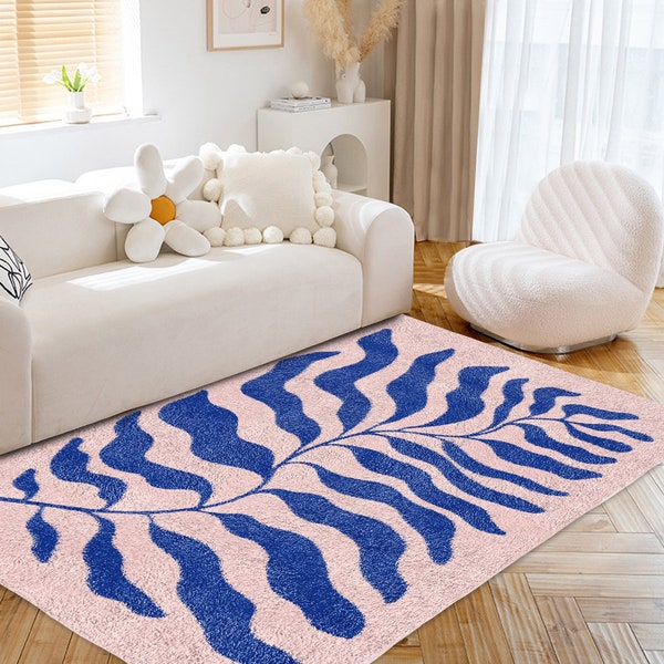 Blue Pink Matisse Leaf Carpet | Funky Retro Danish Pastel Decor Rug | Bedroom Living Room Rug Modern Y2K Rug | Plush Trendy Accent Rug