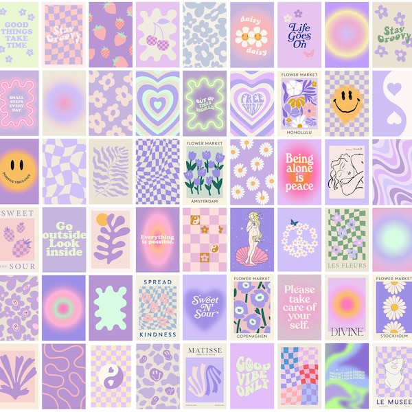 70+ pcs Purple Aesthetic Wall Collage 4x6 in | Danish Pastel Room Decor | Swirl Flower Check Smiley Funky | Aura Affirmation Positive Quotes