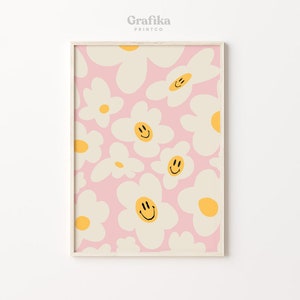 Groovy Smile Flower Danish Pastel Printable | Y2K Aesthetic Bedroom Wall Decor | Pinterest Poster | Pastel Pink Print |  Instant Download