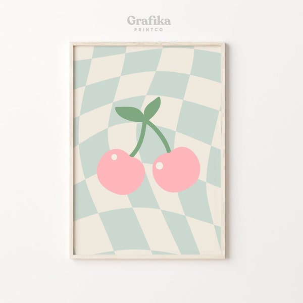 Cherry Checker Danish Pastel Printable | Pink Green Aesthetic Bedroom Wall Decor | Pinterest Poster | Funky Wall Art | Instant Download