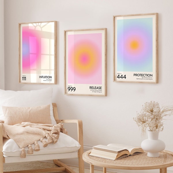 Angel Number Set of 3 Physical Prints | Trendy Gradient Aura Energy Spiritual Wall Art 222 333 888 | Angel Number Art Posters FREE SHIPPING
