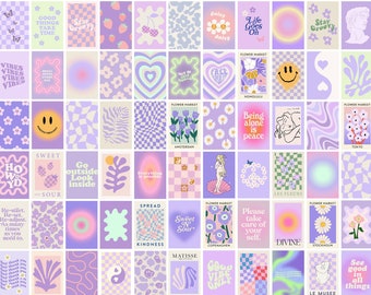 70+ pcs Purple Aesthetic Wall Collage 4x6 in | Danish Pastel Room Decor | Swirl Flower Check Smiley Funky | Aura Affirmation Positive Quotes