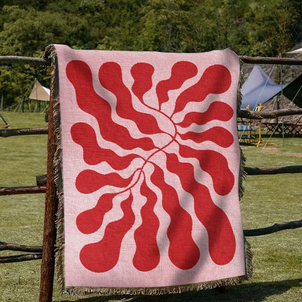 Rosa Rote Matisse Blatt Strand Decke | Modernes minimalistisches Dekor | Funky Tapisserie Outdoor Decke | Fransen Sofa Picknick Reise werfen