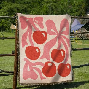Cherry Pink Picnic Throw | Modern Funky Minimalist Aesthetic Tapestry | Outdoor Cute Fruit Nature Blanket | Fringe Sofa Picnic Travel Throw