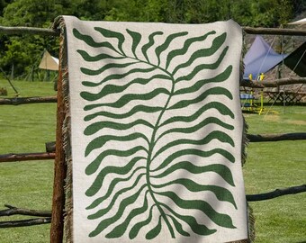 Sage Green Matisse Leaf Travel Blanket | Earth Tone Funky Tapestry Woven Blanket | Fringe Sofa Blankets | Picnic Beach Outdoor Blanket Throw