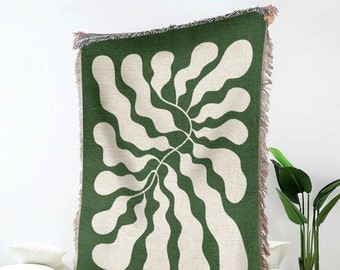 Emerald Green Matisse Leaf Throw Blanket | Funky Tapestry Woven Blanket | Fringe Sofa Blankets | Picnic Blanket Throw