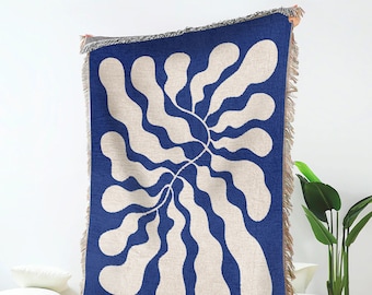 Jeté de feuille bleu Matisse | tissée tapisserie funky ton terre | Couvertures de canapé à franges | Jeté de couverture de pique-nique | Livraison gratuite