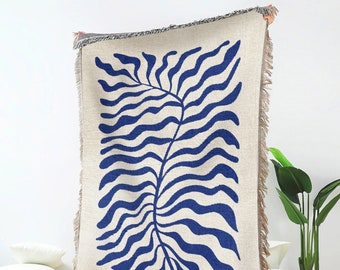 Blue Matisse Leaf Throw Blanket | Funky Tapestry Abstract Woven Blanket | Fringe Sofa Minimalist Blankets | Picnic Blanket Throw