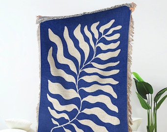 Blue Matisse Leaf Throw Picnic Blanket | Earth Tone Funky Tapestry Woven Blanket | Fringe Sofa Blankets | Picnic Blanket Throw