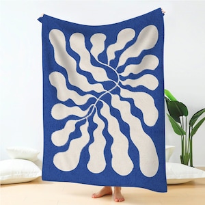 Blue Matisse Leaf Throw Blanket 50x60" | Fleece Sherpa Bed Blanket 60x80" | Soft & Lightweight Sofa Blankets | Aesthetic Room Decor