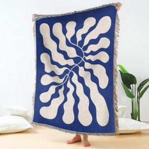 Blue Matisse Leaf Throw Blanket | Earth Tone Funky Tapestry Woven Blanket | Fringe Sofa Blankets | Picnic Blanket Throw | Free shipping