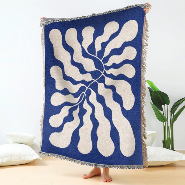 Jeté de feuille bleu Matisse | tissée tapisserie funky ton terre | Couvertures de canapé à franges | Jeté de couverture de pique-nique | Livraison gratuite