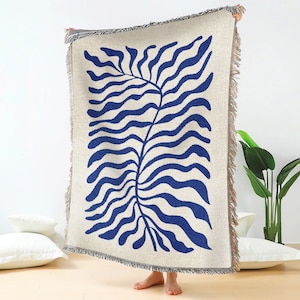 Blue Matisse Leaf Throw Blanket | Funky Tapestry Abstract Woven Blanket | Fringe Sofa Minimalist Blankets | Picnic Blanket Throw