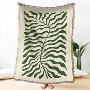 Sage Green Matisse Leaf Travel Blanket | Earth Tone Modern Minimalist Funky Tapestry Woven Blanket | Fringe Sofa Picnic Beach Outdoor Throw