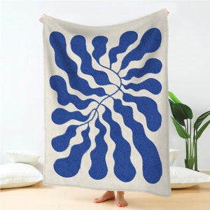 Blue Matisse Leaf Throw Blanket 50x60" | Fleece Sherpa Bed Blanket 60x80" | Soft & Lightweight Sofa Blankets | Aesthetic Room Decor