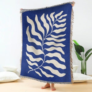 Blue Matisse Leaf Throw Picnic Blanket | Earth Tone Funky Tapestry Woven Blanket | Fringe Sofa Blankets | Picnic Blanket Throw