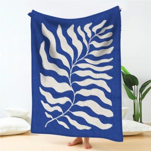 Blue Matisse Leaf Throw Blanket 50x60" | Fleece Sherpa Bed Blanket 60x80" | Soft & Lightweight Sofa Blankets | Aesthetic Room Decor