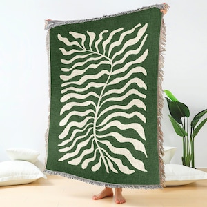 Emerald Green Matisse Leaf Throw Blanket | Modern Farmhouse Decor | Funky Tapestry Woven Blanket | Fringe Sofa Blankets Picnic Blanket Throw