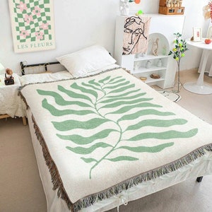 Sage Green Matisse Leaf Travel Blanket | Earth Tone Funky Tapestry Beach Woven Blanket | Fringe Sofa Blankets | Picnic Blanket Throw