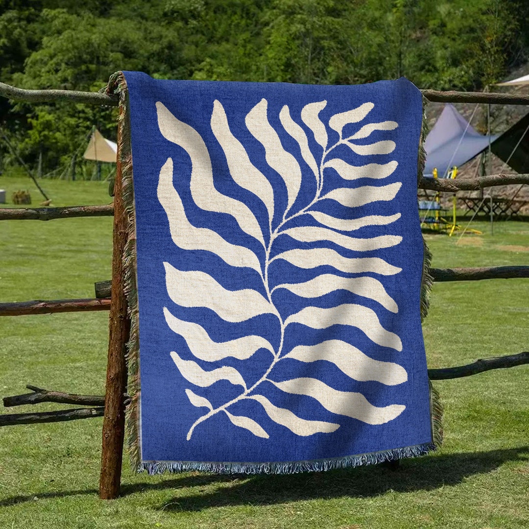 Blue Matisse Leaf Throw Picnic Blanket Earth Tone Funky Tapestry Woven