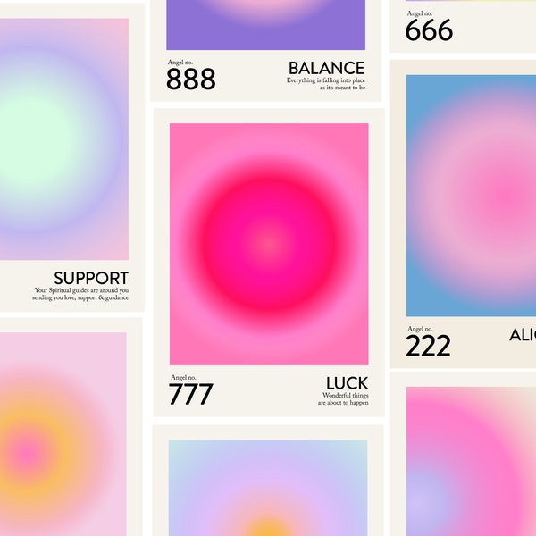 Engel Number Poster 9er Set | Trendige Farbverlauf Aura Energie spirituelle Wandkunst 222, 333, 666, 888 | Ästhetisches Raumdekor | Sofort Download