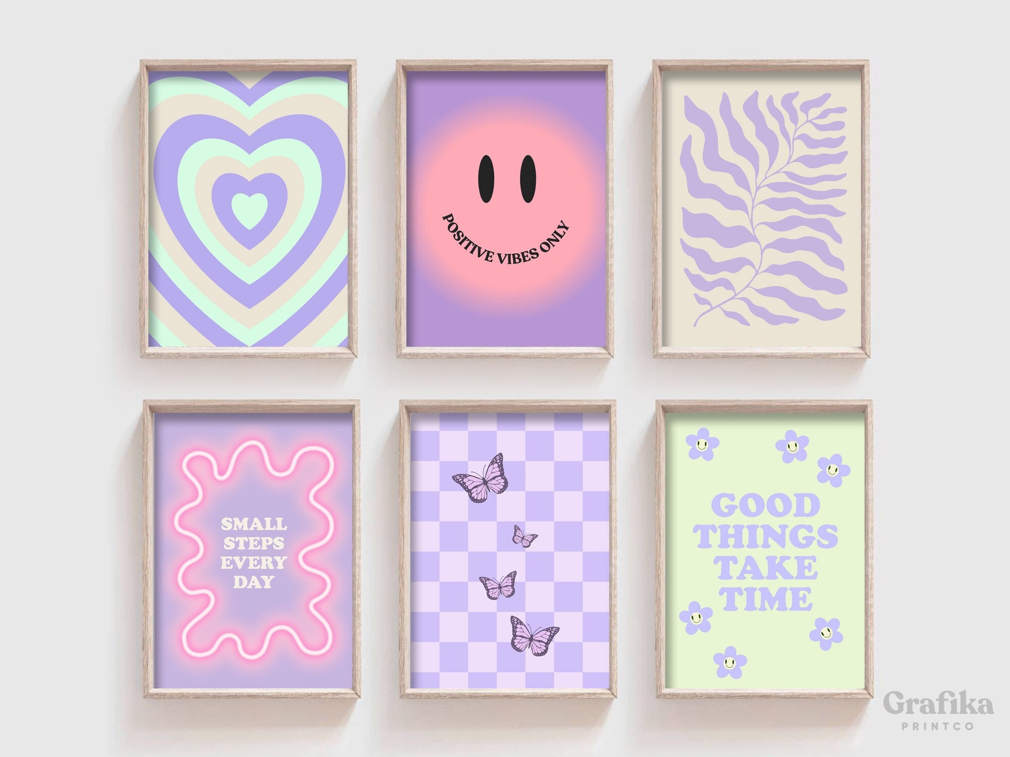 Purple Pink Danish Pastel Poster Set Y2K Aesthetic Room Decor Pinterest  Prints Butterfly Flower Check Smiley Funky Instant Download 