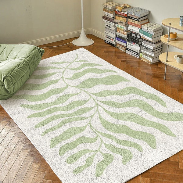 Sage Green Matisse Leaf Carpet | Funky Retro Danish Pastel Decor Rug | Bedroom Living Room Rug Modern Y2K Rug | Plush Trendy Accent Rug
