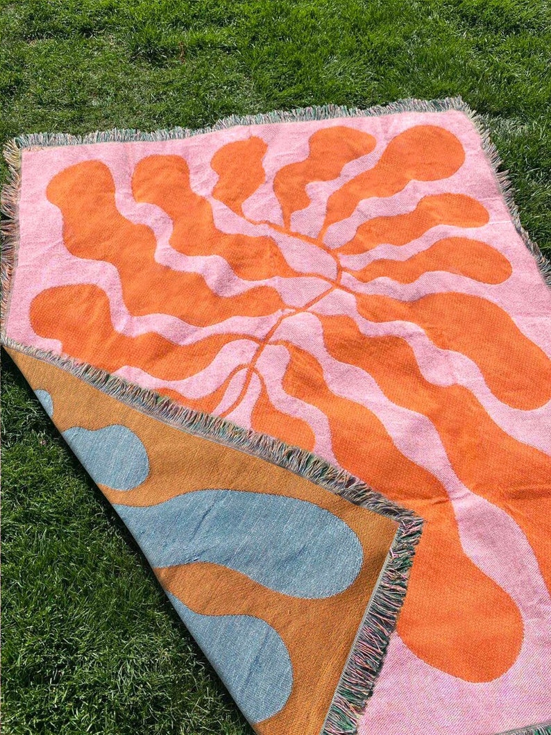Orange Pink Matisse Leaf Beach Throw Blanket Modern Minimalist Decor