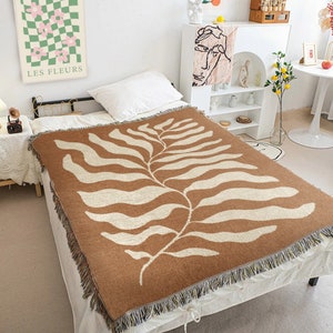 Matisse Leaf Earth Tone Woven Blanket | Picnic Blanket Brown Woven Throw | Funky Retro Tapestry Blanket | Cotton Fringe Sofa Blankets