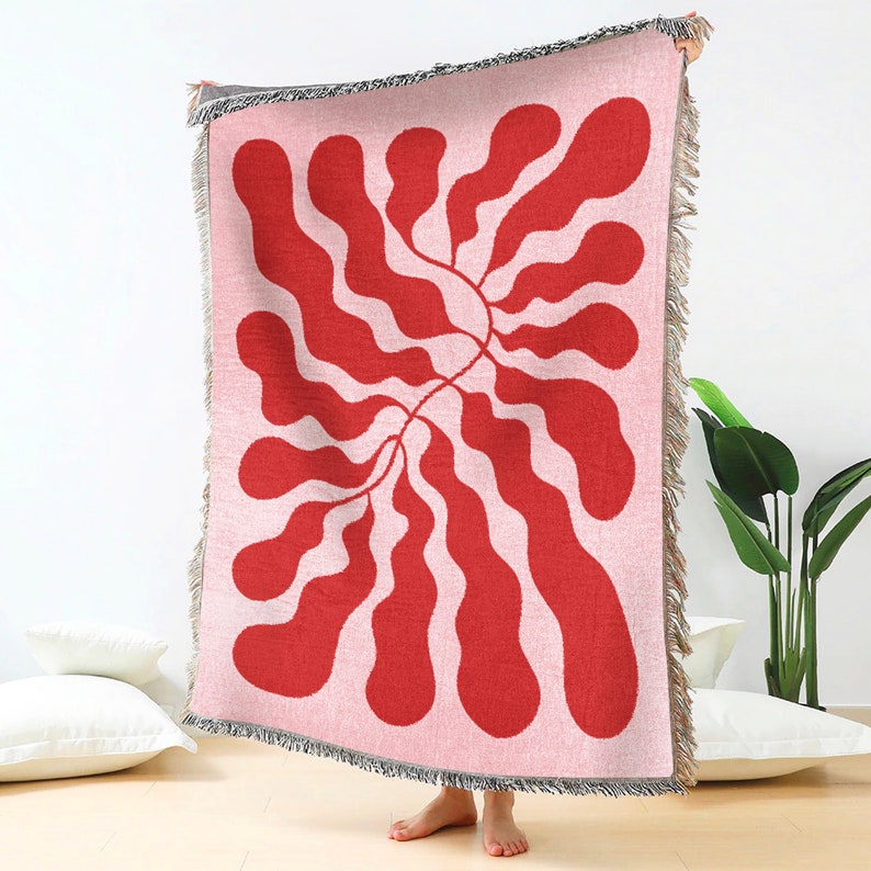 Pink Red Matisse Leaf Beach Throw Blanket Funky Tapestry Etsy